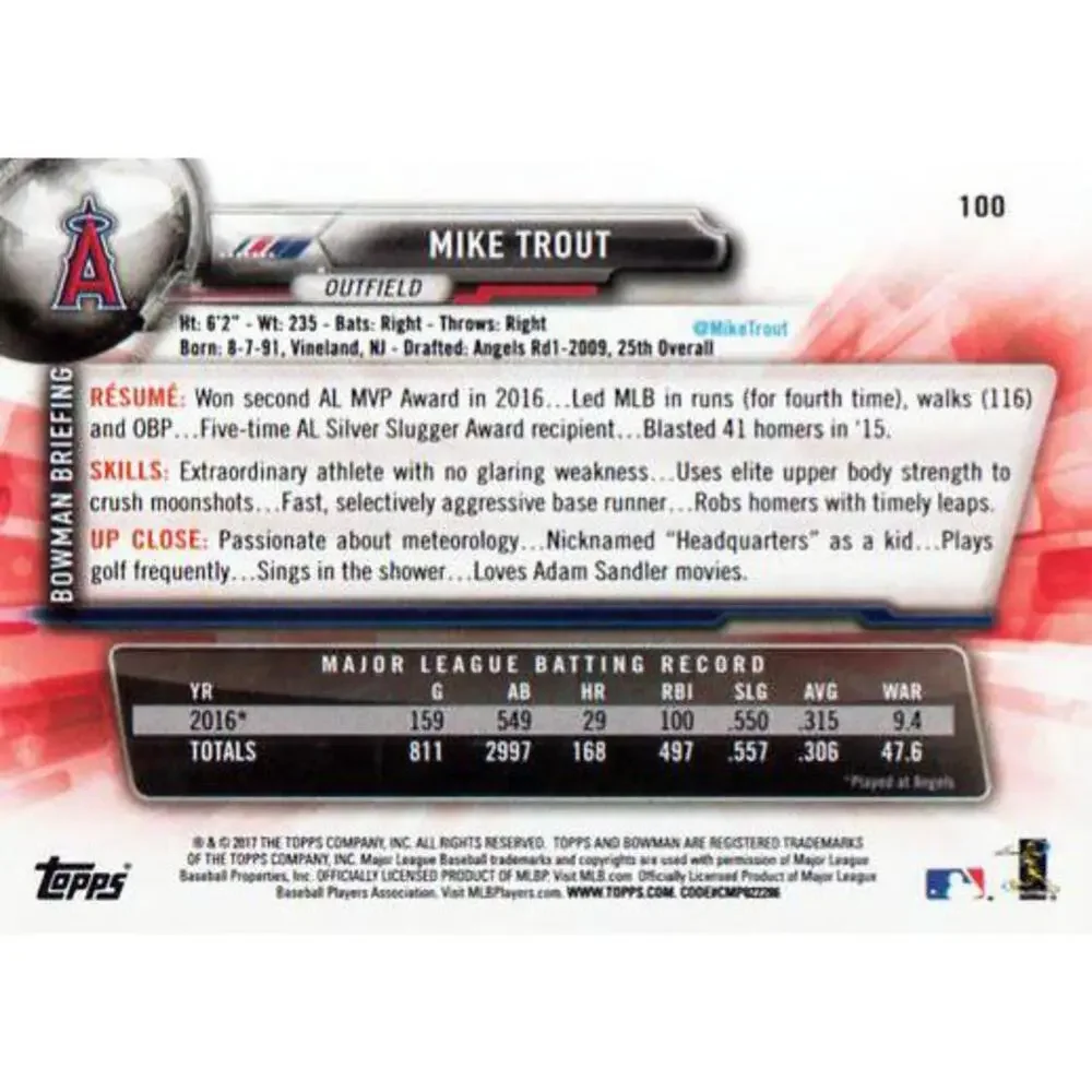 2017 Bowman Mike Trout # 100 Los Angeles Angels